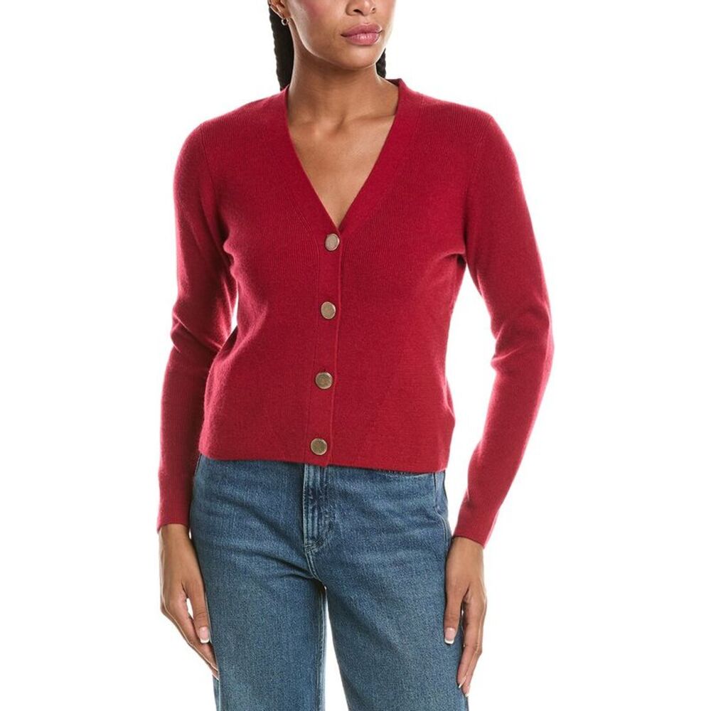 N.Peal Womens  Rib V-Neck 100% Cashmere Cardigan, Red